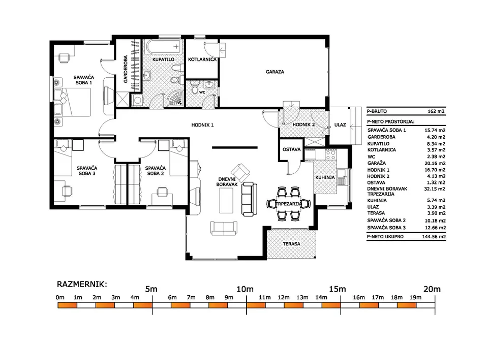 Osnova montažne kuće K-MS-162, 162 m², Kaja MS