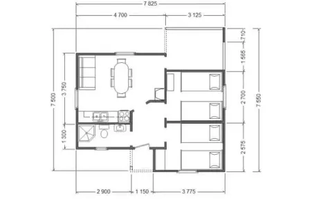 Osnova montažne kuće K-MS-44a, 49 m², Kaja MS