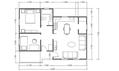 Osnova montažne kuće K-MS-66, 72 m², Kaja MS