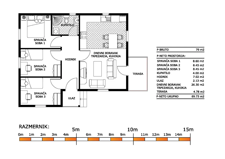 Osnova montažne kuće K-MS-79, 79 m², Kaja MS