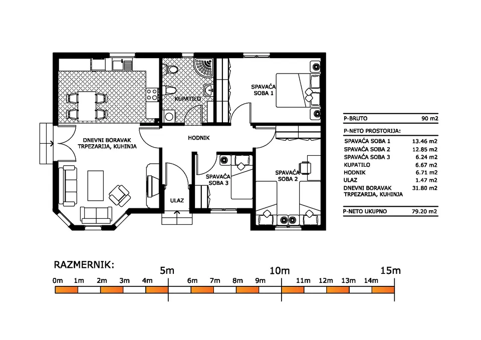 Osnova montažne kuće K-MS-90, 103 m², Kaja MS