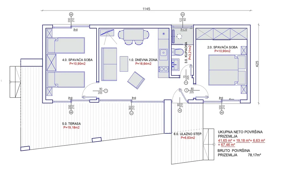 Osnova montažne kuće TIP KC 42, 42 m², Kampa & Casa