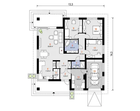 Osnova montažne kuće Model 65, 151 m², Kvadrat Line