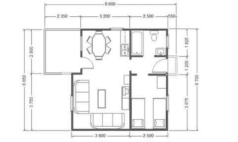 Osnova montažne kuće AX-44b, 45 m², Markus House