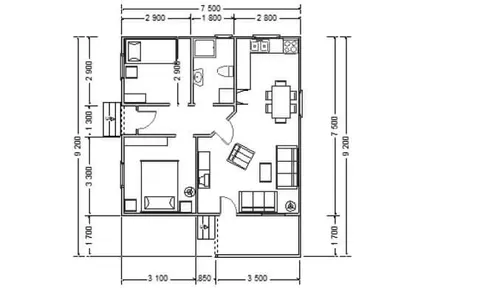 Osnova montažne kuće AX-59, 65 m², Markus House