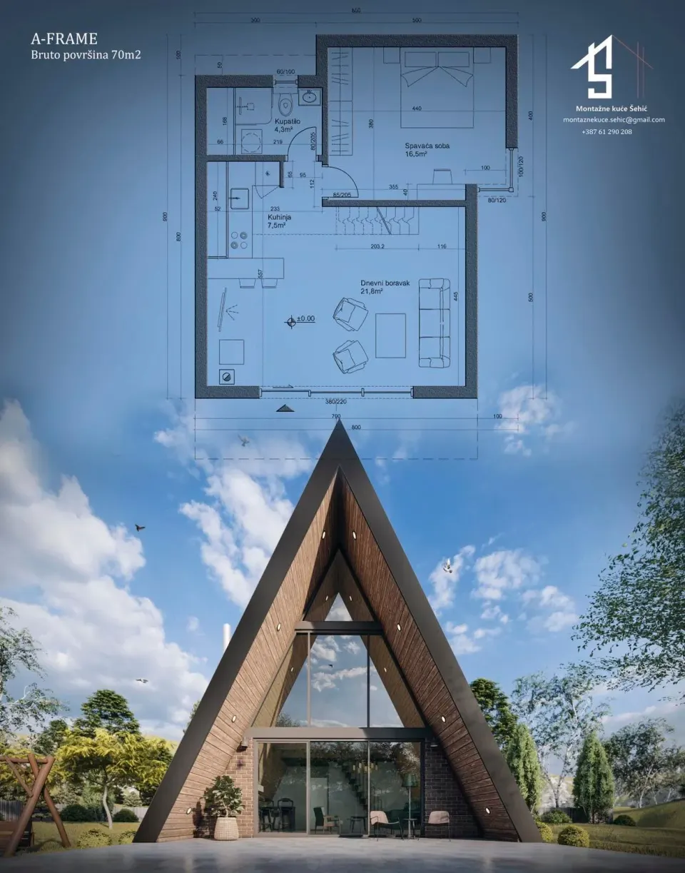 Osnova montažne kuće A-FRAME, 70 m², Montažne kuće Šehić