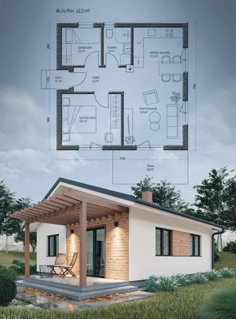 Osnova montažne kuće DUO 62, 62 m², Montažne kuće Šehić