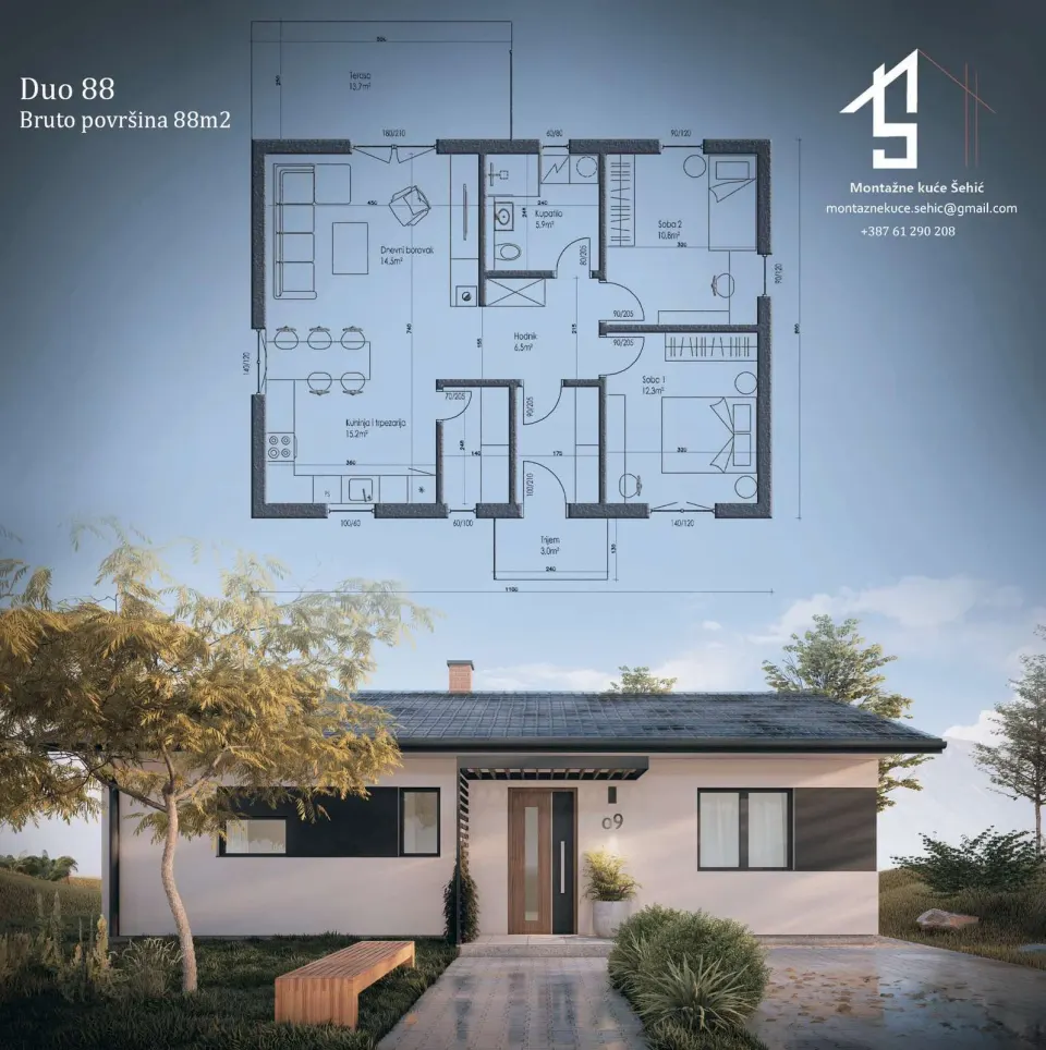 Osnova montažne kuće DUO 88, 88 m², Montažne kuće Šehić