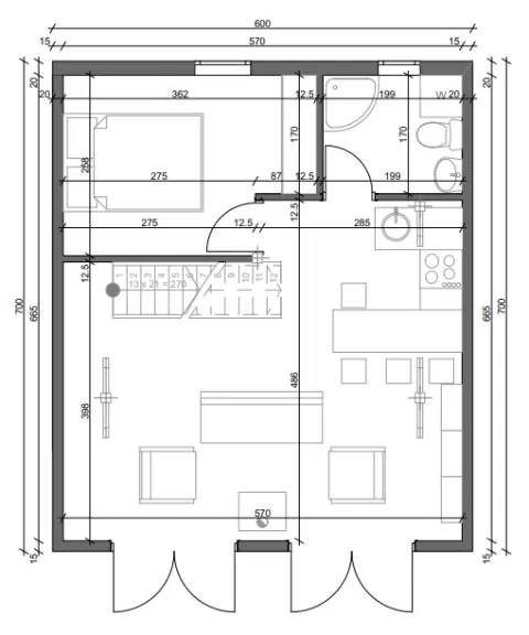 Osnova montažne kuće A-Frame 02, 55 m², Montažne Box Kuće