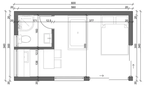 Osnova montažne kuće Box kuća 02, 18 m², Montažne Box Kuće