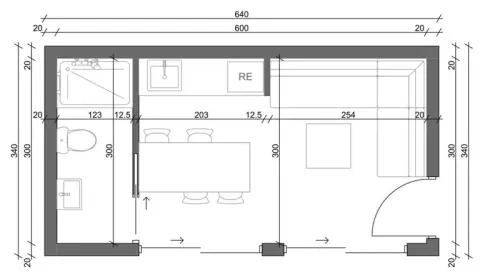 Osnova montažne kuće Box kuća 03, 18 m², Montažne Box Kuće