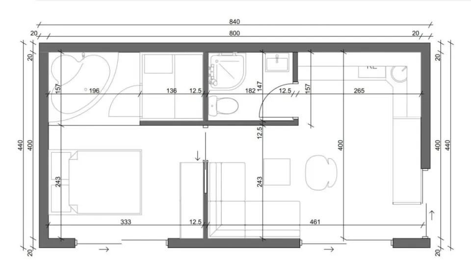 Osnova montažne kuće Box kuća 05, 32 m², Montažne Box Kuće
