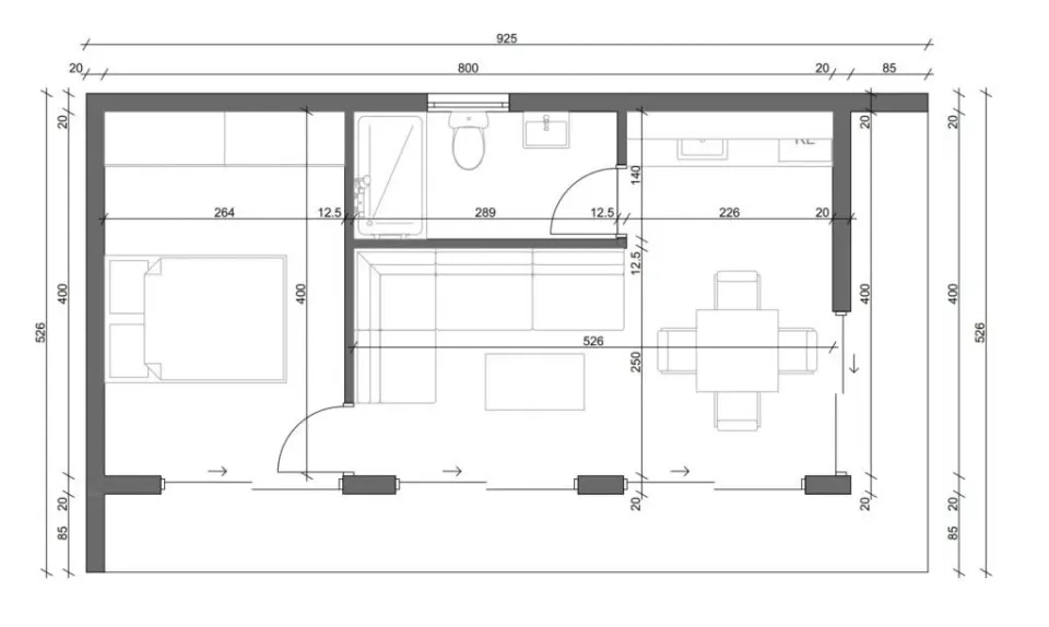 Osnova montažne kuće Box kuća 06, 32 m², Montažne Box Kuće