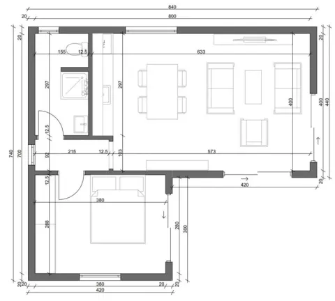 Osnova montažne kuće Box kuća 07, 44 m², Montažne Box Kuće