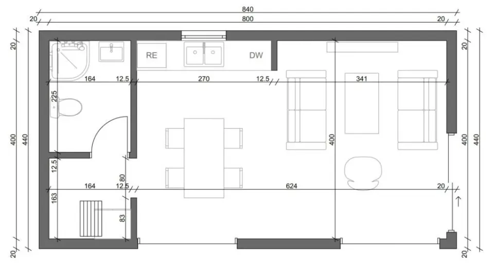 Osnova montažne kuće Box kuća 08, 50 m², Montažne Box Kuće