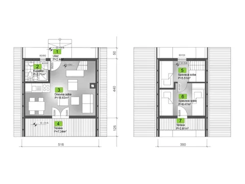 Osnova montažne kuće Golija Tip 30, 56 m², Negal