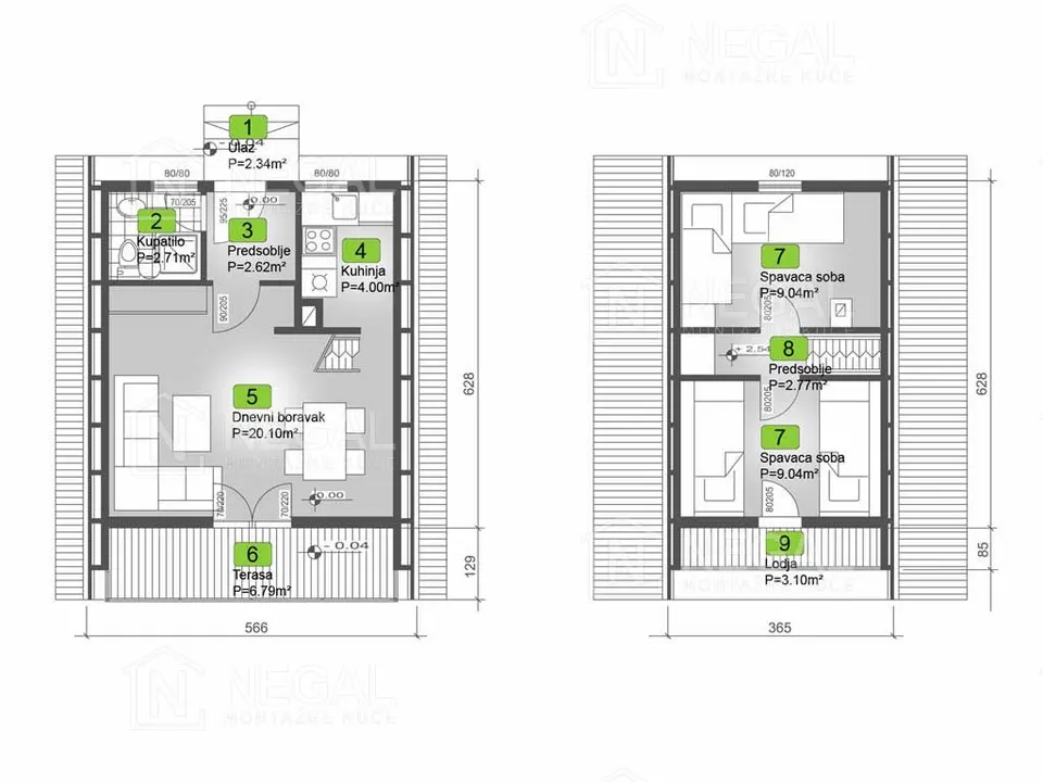 Osnova montažne kuće Golija Tip 40, 73 m², Negal