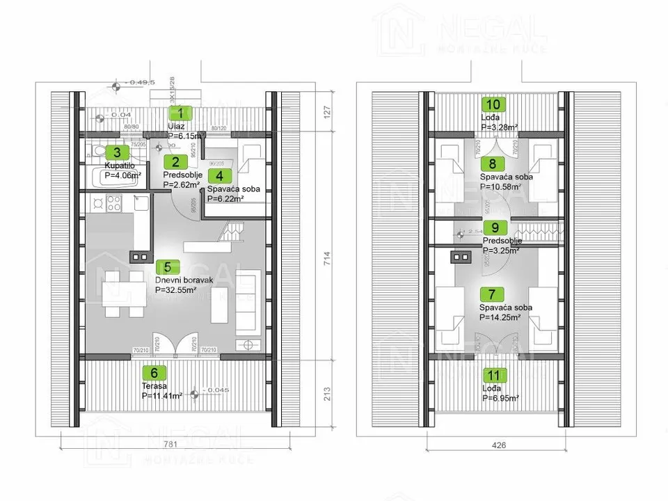 Osnova montažne kuće Golija Tip 64, 110 m², Negal