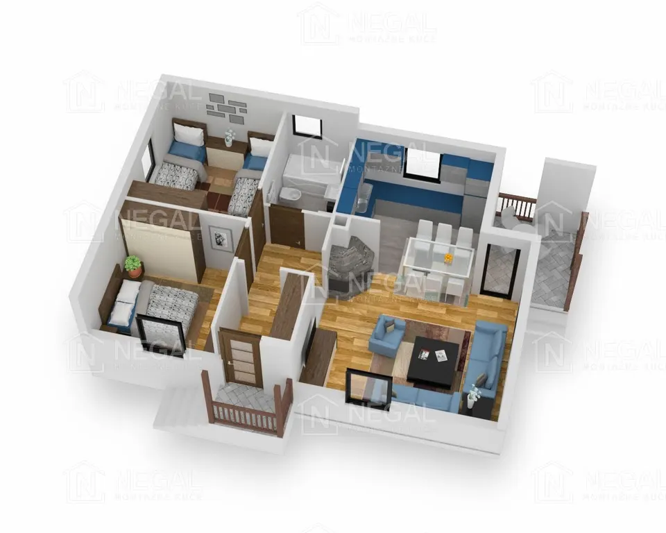 Osnova montažne kuće Klasik Tip 68, 76 m², Negal