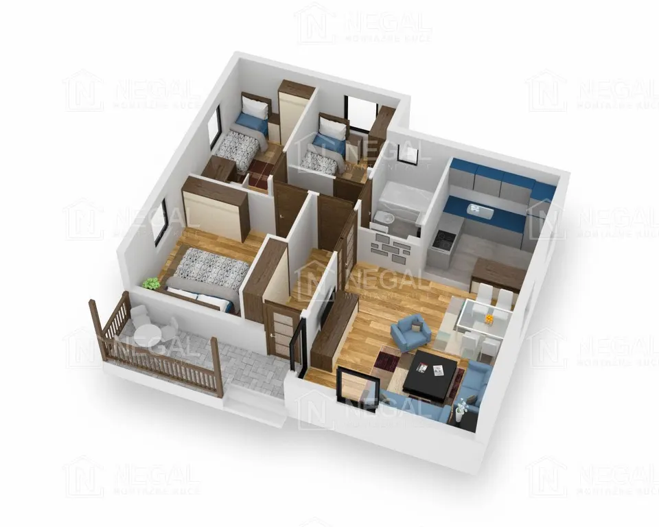 Osnova montažne kuće Klasik Tip 77, 85 m², Negal