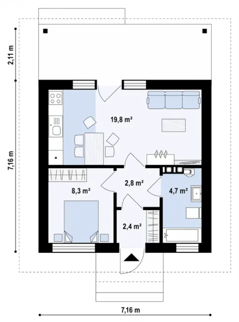 Osnova montažne kuće Q 710, 100 m², Partas