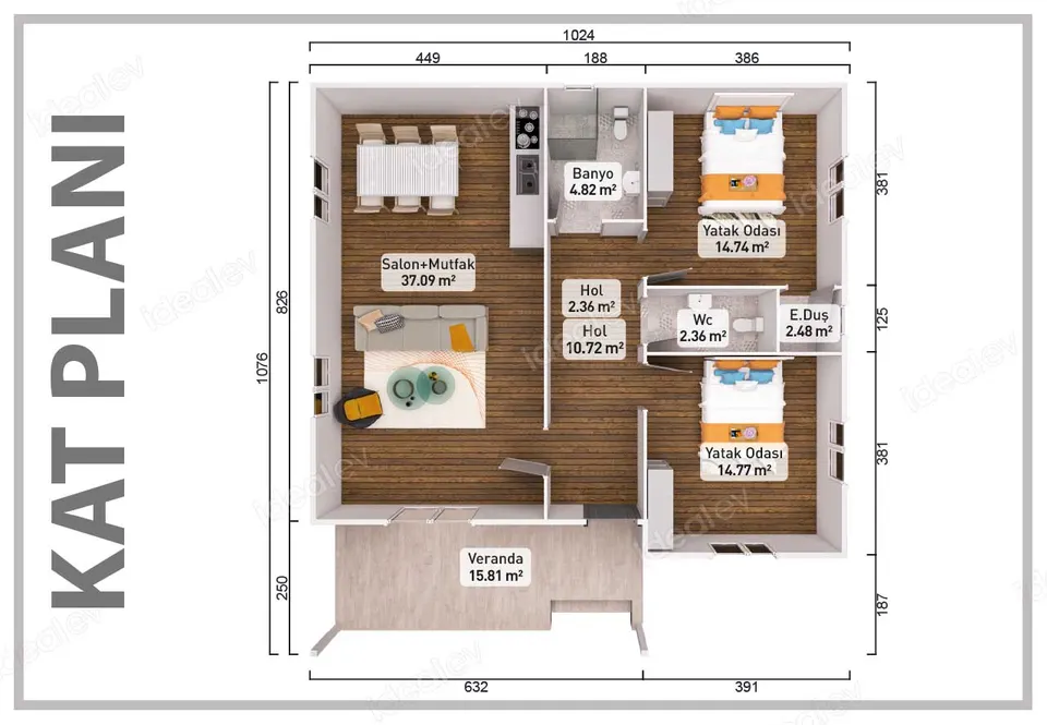 Montažna kuća 103 м2 Еднокатница 2+1 Монтажна Куќа, 103 m², Prefabrik Evim (Мојата монтажна куќа)
