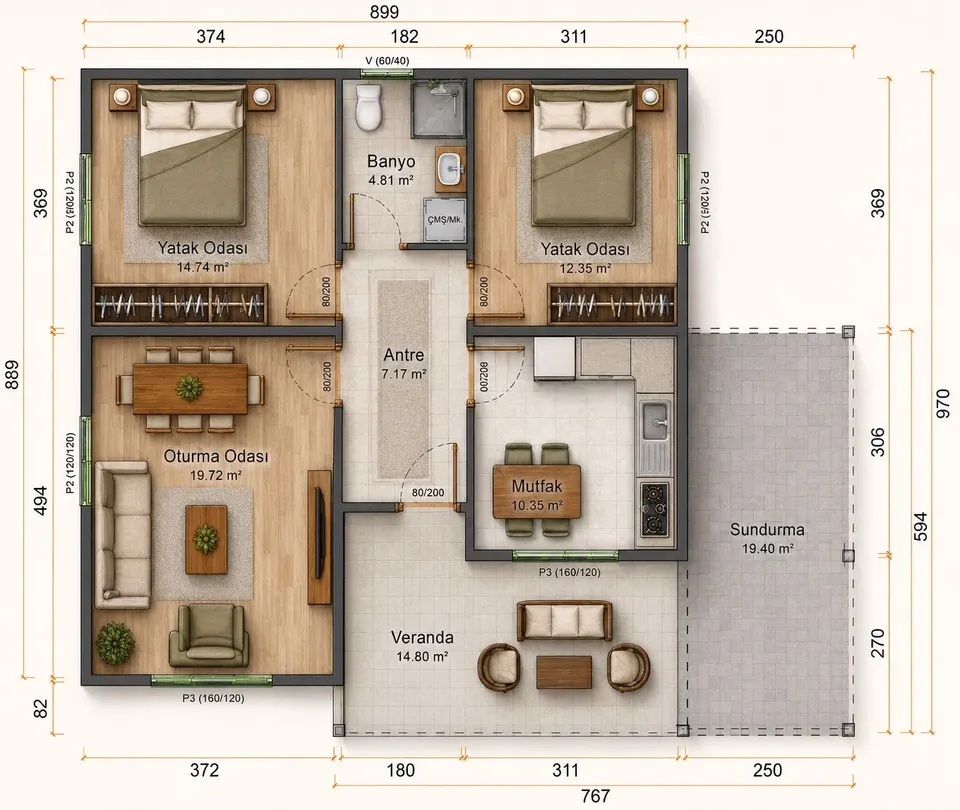 Montažna kuća 99 м2 2+1 монтажна куќа, 99 m², Prefabrik Evim (Мојата монтажна куќа)
