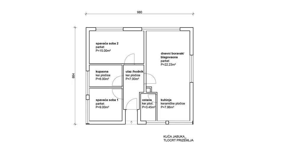 Osnova montažne kuće Jabuka, 100 m², Radman Homes