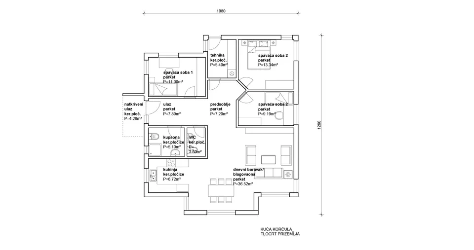 Osnova montažne kuće Korcula, 100 m², Radman Homes