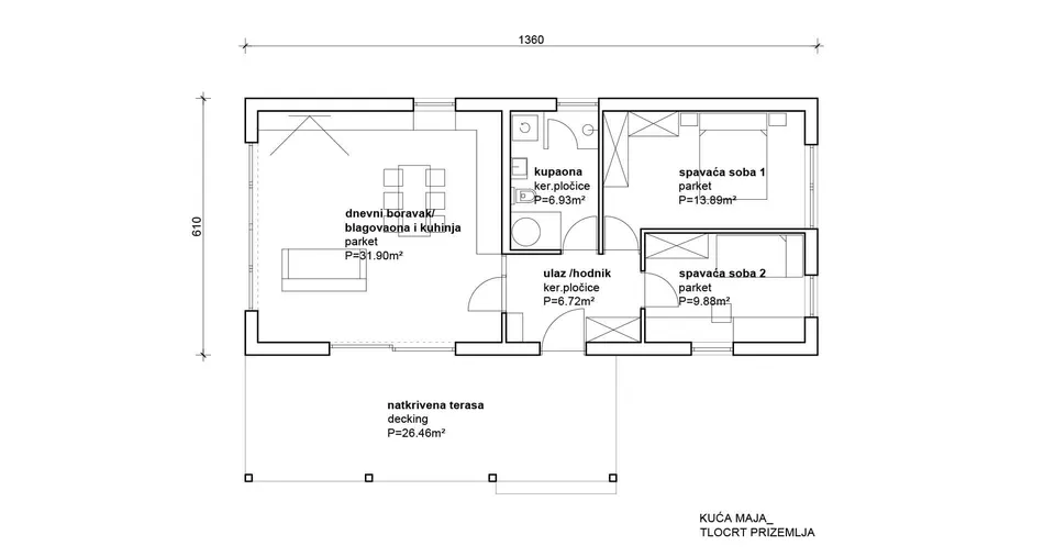 Osnova montažne kuće Maja, 100 m², Radman Homes