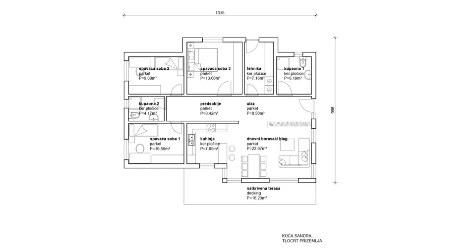 Osnova montažne kuće Sandra, 100 m², Radman Homes