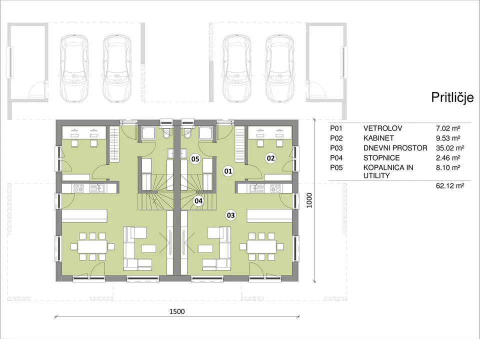 Osnova montažne kuće Hiša 252 dvojček, 126 m², Rihter
