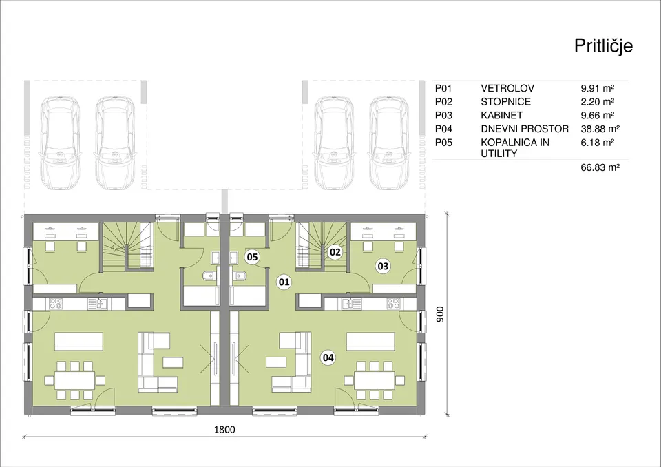 Osnova montažne kuće Hiša 264 dvojček, 132 m², Rihter