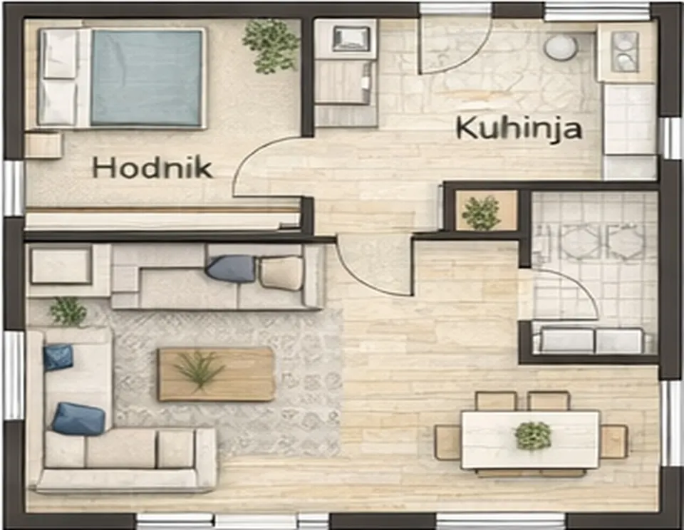 Osnova montažne kuće Jednoiposobna kuća 07, 54 m², SIP Gradnja