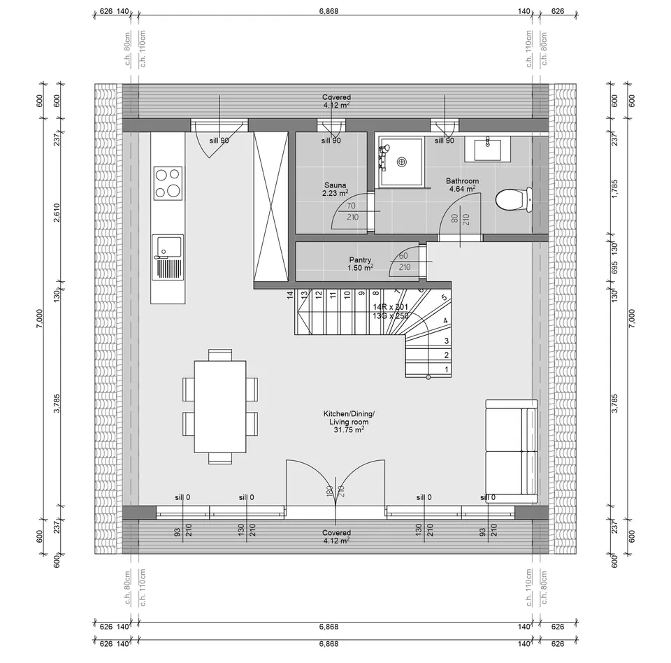 Osnova montažne kuće A FRAME V3, 53 m², Steco Centar