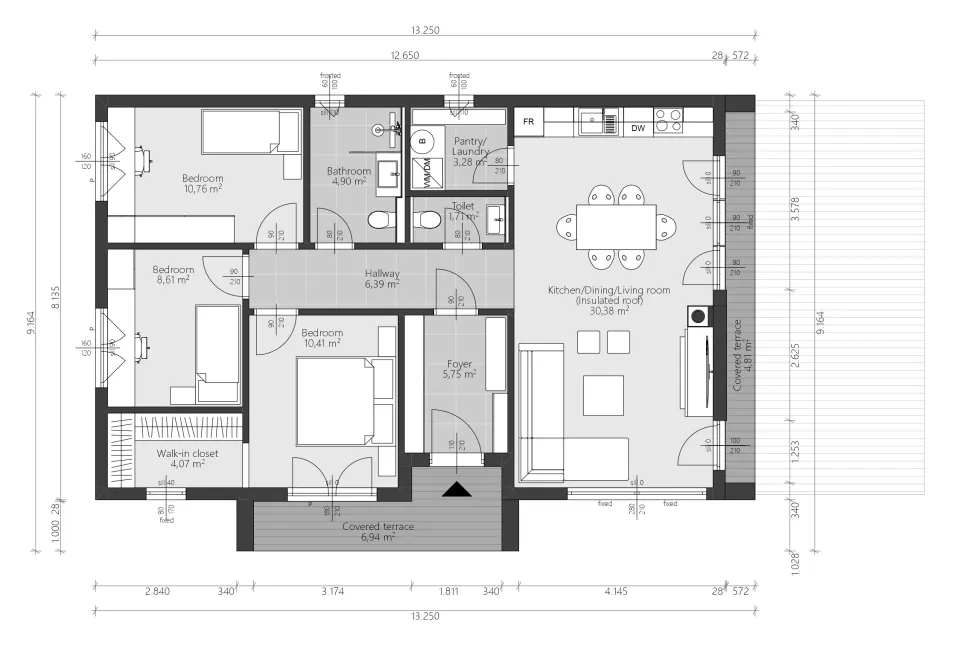 Osnova montažne kuće Eclipse, 102 m², Steco Centar