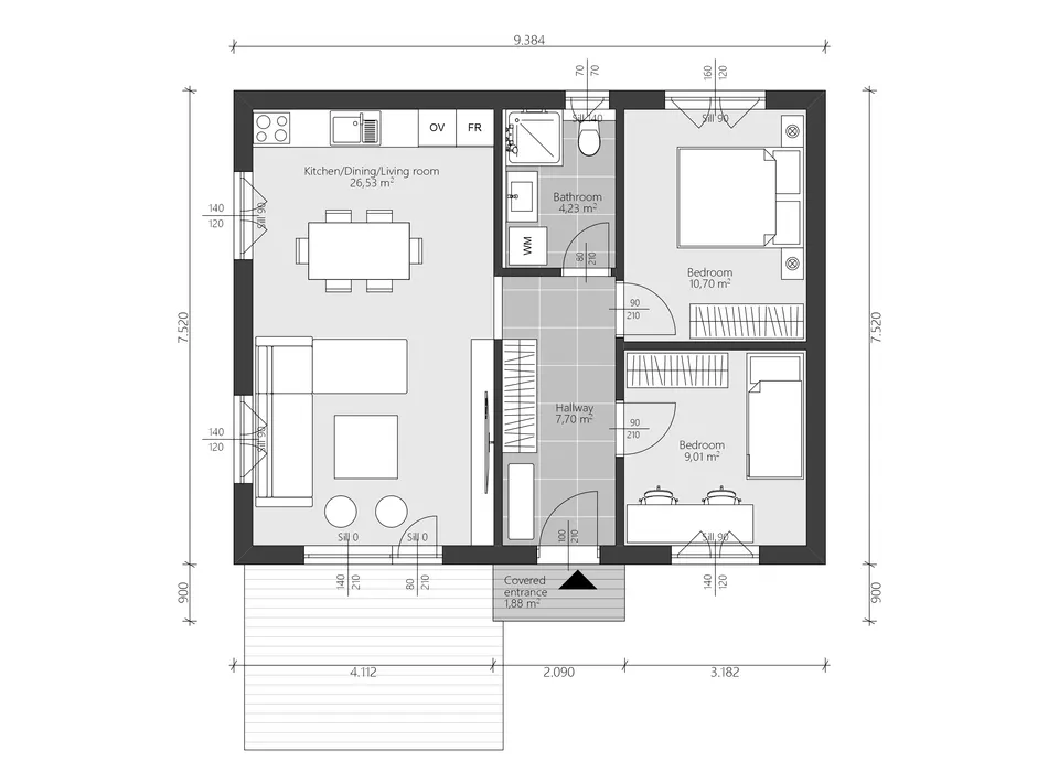Osnova montažne kuće Lea, 71 m², Steco Centar