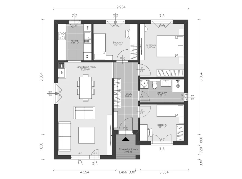 Osnova montažne kuće Marta, 96 m², Steco Centar